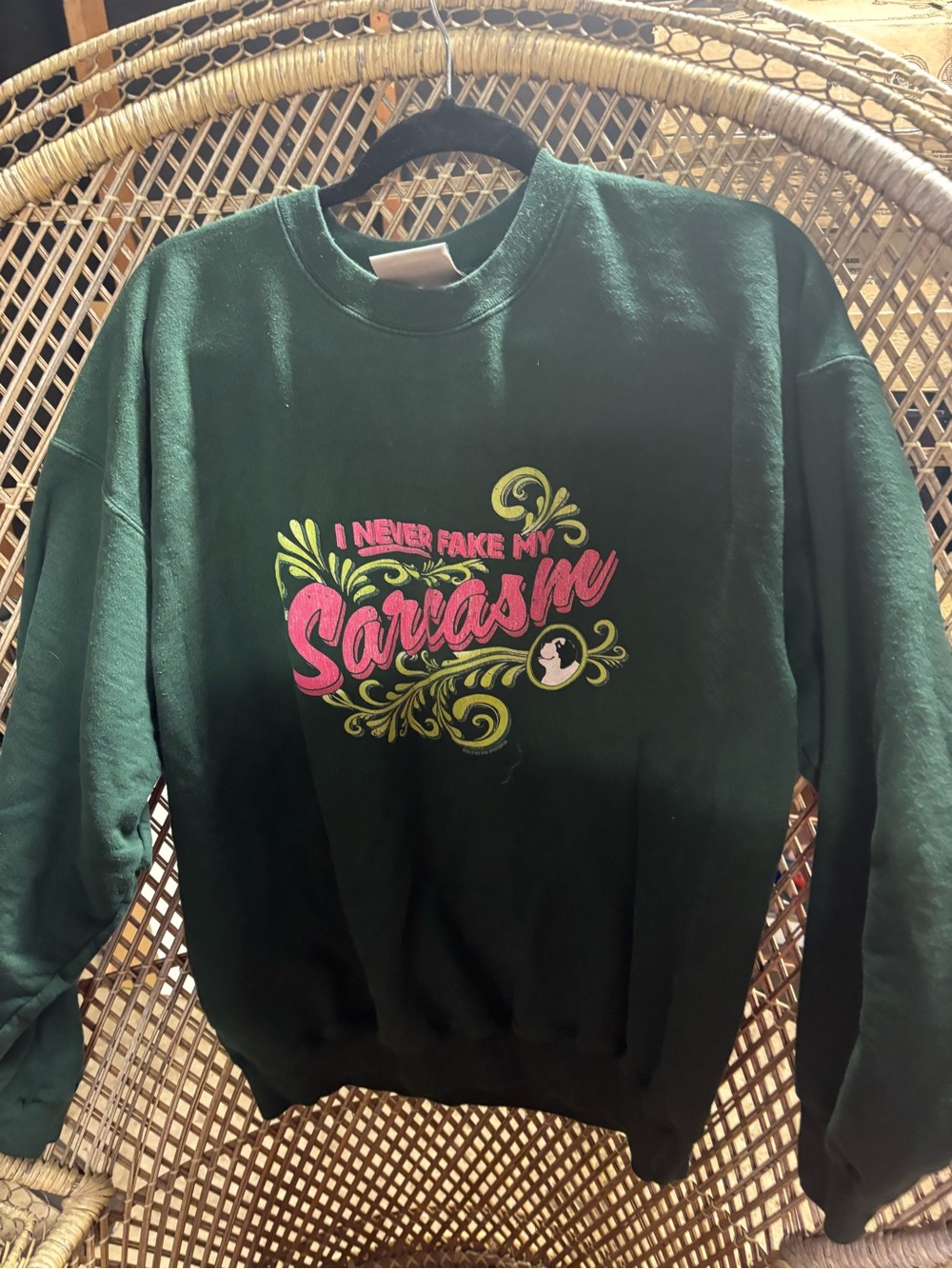Hanes Dark Green Crewneck with Pink & Yellow Graphic